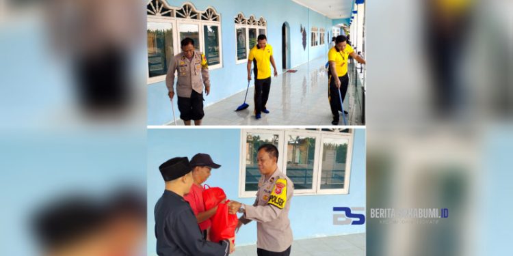 Jumsih!! Polsek Cicurug Bersih-bersih Masjid At-Tawabin Sekaligus Bagikan Paket Sembako